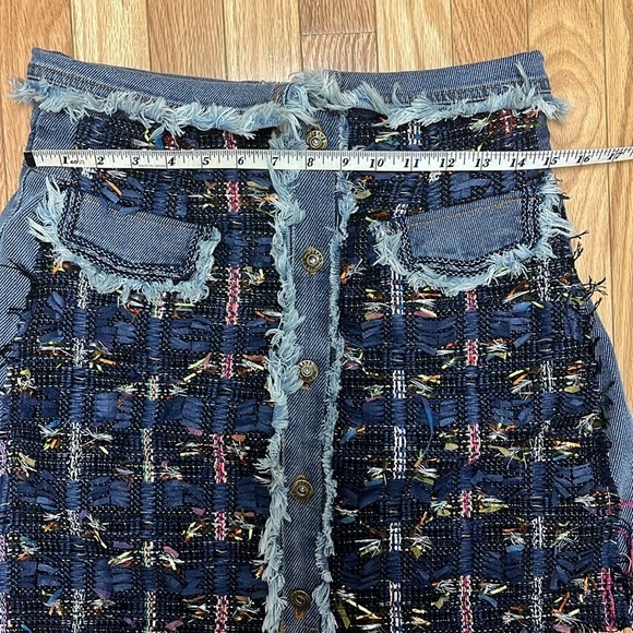 LUXURY BUTTON FRONT FOLDOVER HIGH RISE A-LINE TWEED DENIM MINI SKIRT - Picture 4 of 5